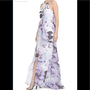 Floral Chiffon Halter Neck Gown